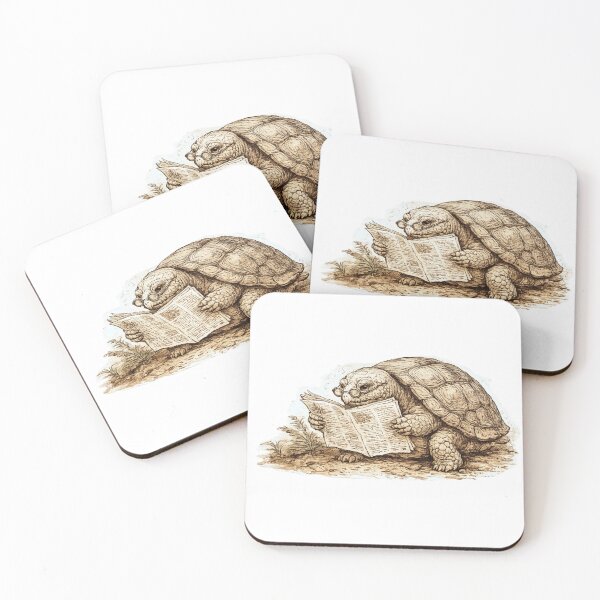 Artikelvorschau, Alte Schildkröte mit Brille liest Zeitung – Britischer Leitartikel, Beatrix Potter, Sepia-Türkis-Illustration entworfen und verkauft von OnPointOutfits.