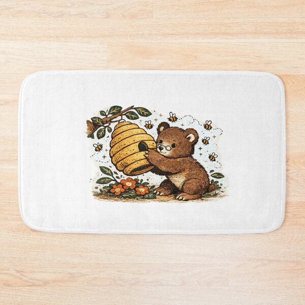 Item preview, Bear Cub Opening Beehive Surrounded by Bees Calm Expression – Scandinavian Folk Art Flat Graphic Illustration designed and sold by OnPointOutfits.