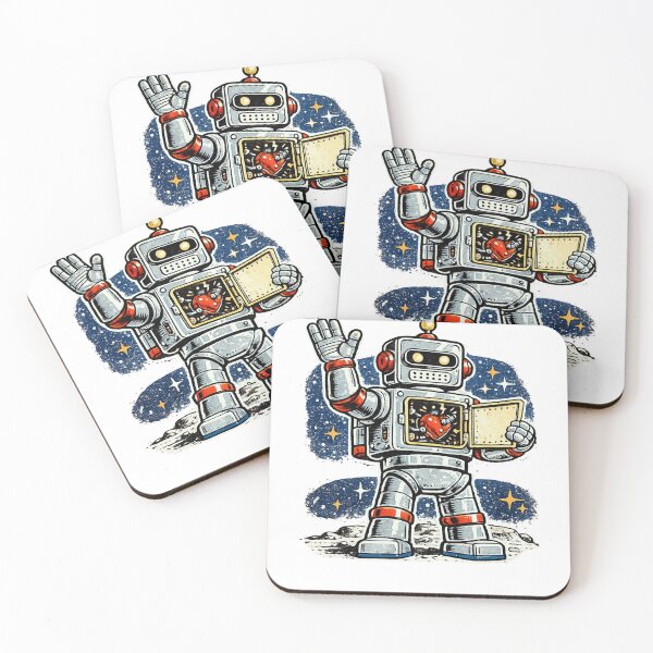 Item preview, Retro Robot Waving with Tiny Beating Heart Inside – Mid-Century Toy Packaging Cel-Fill Illustration designed and sold by OnPointOutfits.