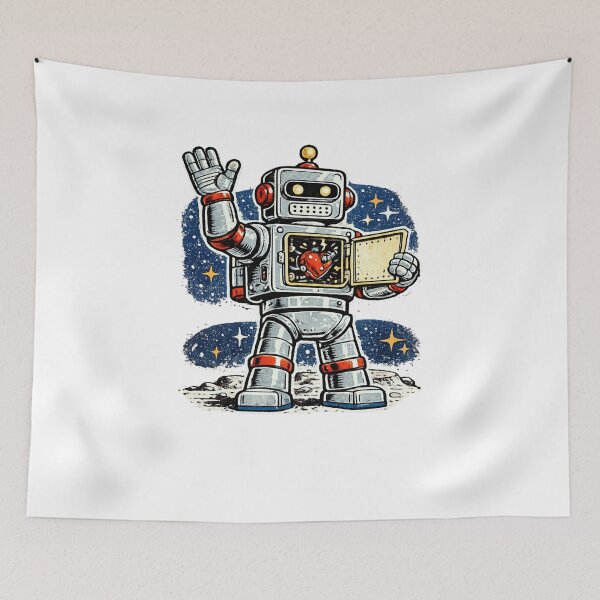 Item preview, Retro Robot Waving with Tiny Beating Heart Inside – Mid-Century Toy Packaging Cel-Fill Illustration designed and sold by OnPointOutfits.