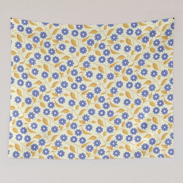 Item preview, Tossed Periwinkle Daisy Botanical – Blue and Gold Floral on Cream designed and sold by Abbdabbs.
