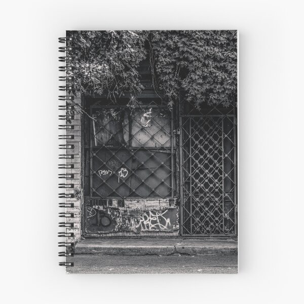 Item preview, Abandoned Gate with Ivy and Graffiti — Black and White Street Photography designed and sold by Rabee Khalil Photography.