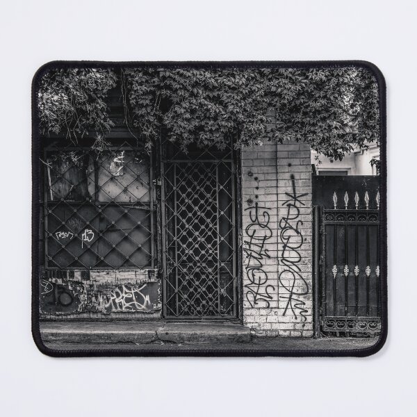 Item preview, Abandoned Gate with Ivy and Graffiti — Black and White Street Photography designed and sold by Rabee Khalil Photography.