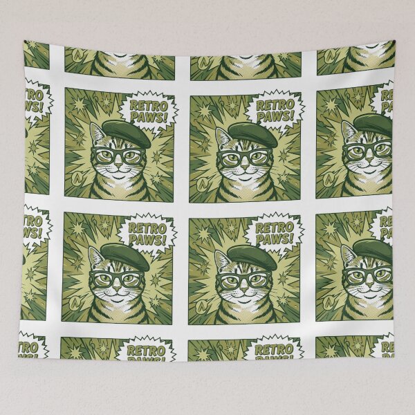 Item preview, Vintage Comic Book Cat with Green Beret Glasses and Retro Paws Speech Bubble designed and sold by MoonlitDoodles1.