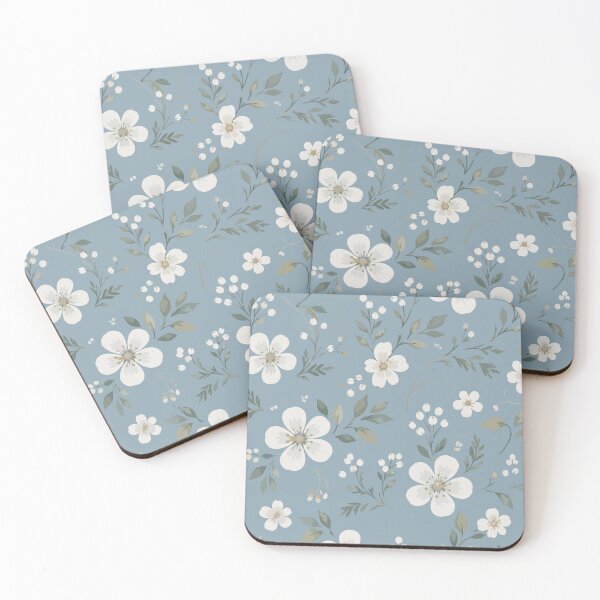 Item preview, Vintage White Floral Botanical Pattern on Dusty Blue designed and sold by Beans' Art Studio.