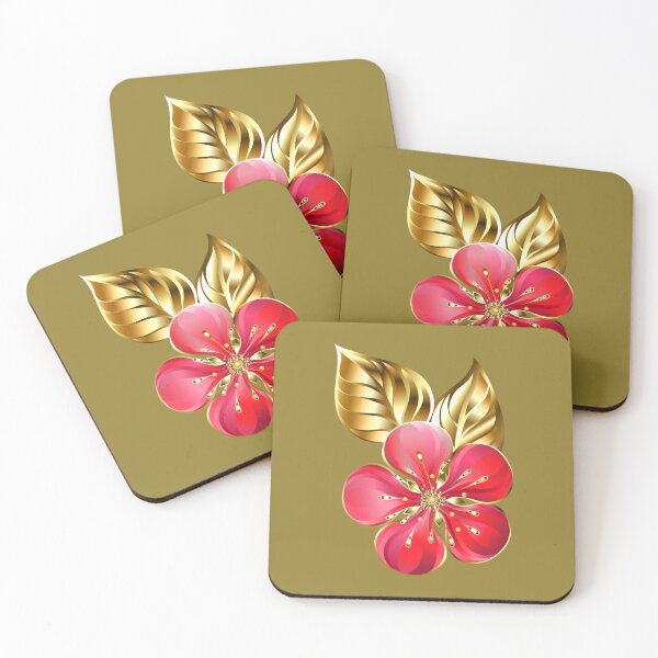 Item preview, Luxury Pink and Red Tropical Flower with Gold Leaves designed and sold by SolutionsArt.