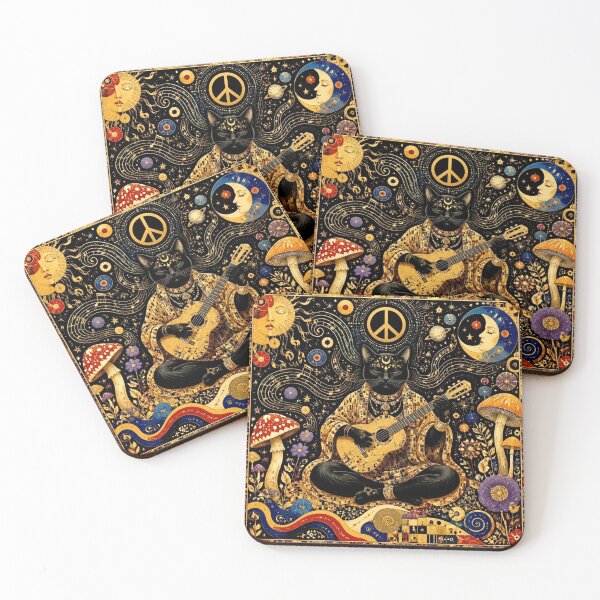 Item preview, Cosmic Meditation of the Black Cat - Guitar, Peace and Hippie à la Klimt designed and sold by Natalia-Vlad.