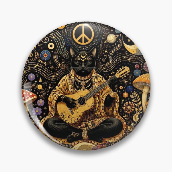 Item preview, Cosmic Meditation of the Black Cat - Guitar, Peace and Hippie à la Klimt designed and sold by Natalia-Vlad.