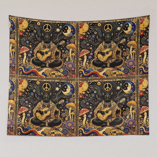 Item preview, Cosmic Meditation of the Black Cat - Guitar, Peace and Hippie à la Klimt designed and sold by Natalia-Vlad.