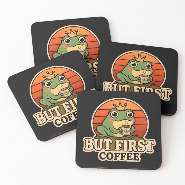 Item preview, But First Coffee Frog Sticker – Cute Frog Coffee Lover Sticker, Funny Frog Meme, Kawaii Frog with Coffee Cup, Coffee Lover Laptop Sticker designed and sold by Basma Designs | Funny Shirts, Stickers & Mugs.