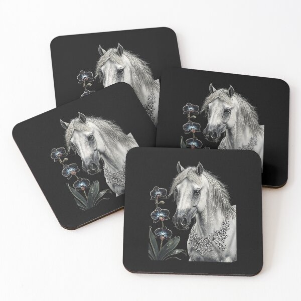 Item preview, Elegant White Horse Portrait with Blue Orchids and Silver Filigree designed and sold by UrbanPrts.