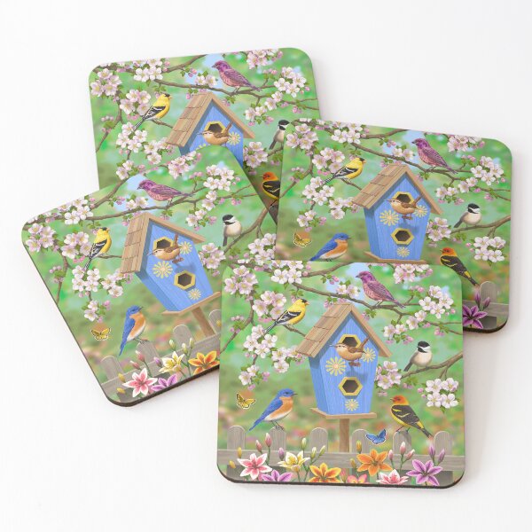 Item preview, Bluebird Goldfinch Chickadee Tanager Flowers and Birdhouse designed and sold by csforest.