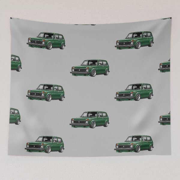 Item preview, Custom 1980 Lada Niva 4x4 Lowered Green Vintage SUV Illustration designed and sold by Motorline44.