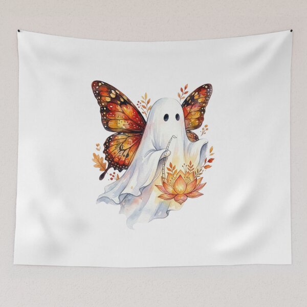 Item preview, Cute Watercolor Ghost with Autumn Butterfly Wings and Lotus Lamp designed and sold by VibranPalette.