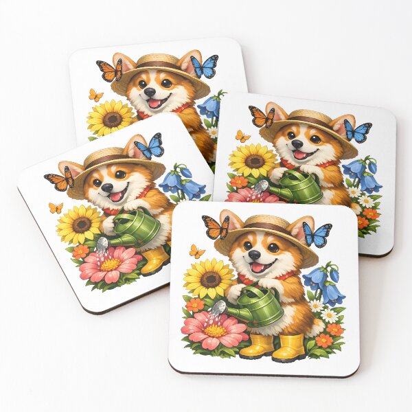 Item preview, Corgi Gardener Watering Giant Flowers with Butterflies Cute Garden Illustration designed and sold by builtforyou.