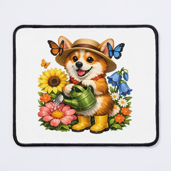 Item preview, Corgi Gardener Watering Giant Flowers with Butterflies Cute Garden Illustration designed and sold by builtforyou.