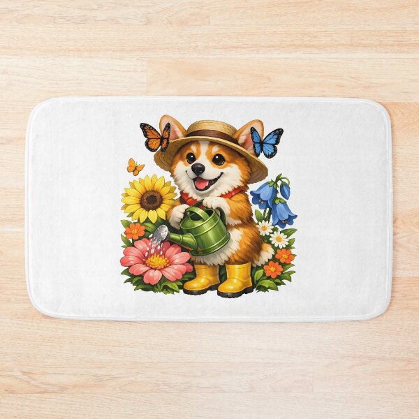Item preview, Corgi Gardener Watering Giant Flowers with Butterflies Cute Garden Illustration designed and sold by builtforyou.