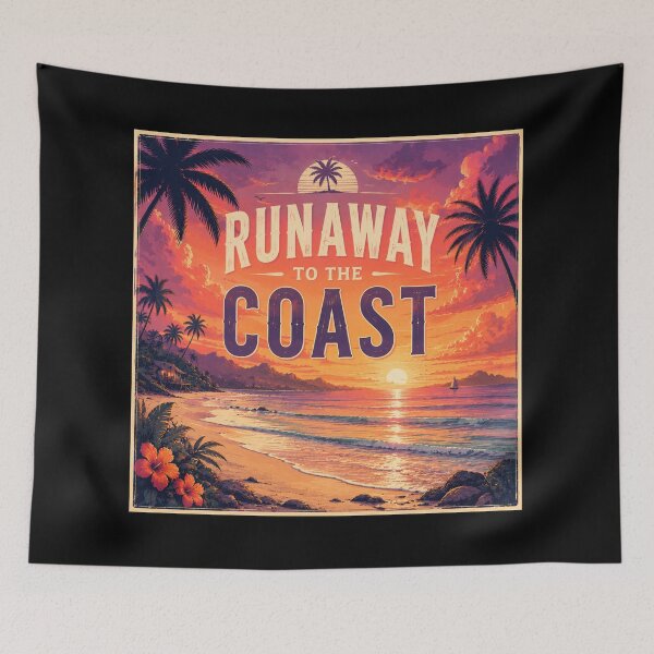 Item preview, Runaway to the Coast | Tropical Beach Sunset Wall Art | Palm Trees Ocean Travel Vintage Aesthetic Poster designed and sold by FestivityFinds.
