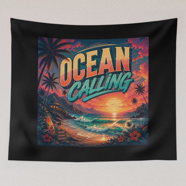 Item preview, Ocean Calling Retro Tropical Beach Sunset Surf Poster | Vintage Coastal Wave Travel Wall Art Print designed and sold by FestivityFinds.