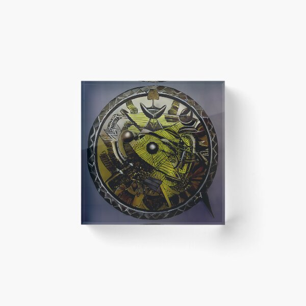 Item preview, Dark Crescent Horn Deity Triple Orb Mosaic Shield Olive Green Steel Art designed and sold by YugenWorkshop.