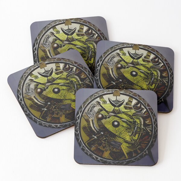 Item preview, Dark Crescent Horn Deity Triple Orb Mosaic Shield Olive Green Steel Art designed and sold by YugenWorkshop.
