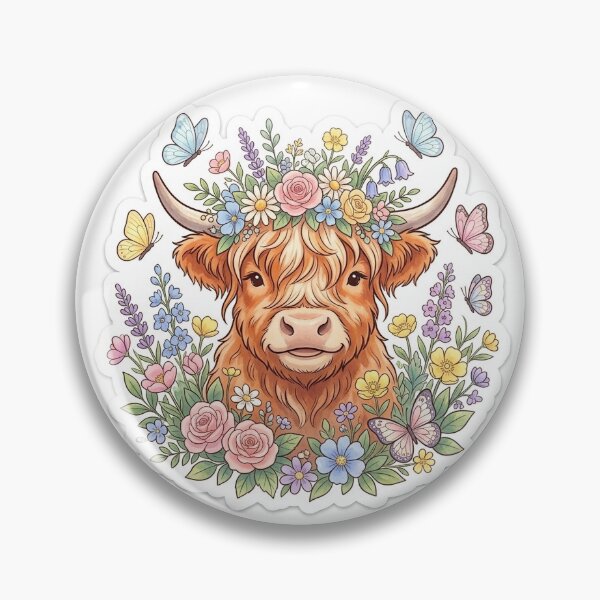 Item preview, Fluffy Highland Cow with Flower Crown | Cottagecore Wildflower & Butterfly Aesthetic designed and sold by Digital Design Store.