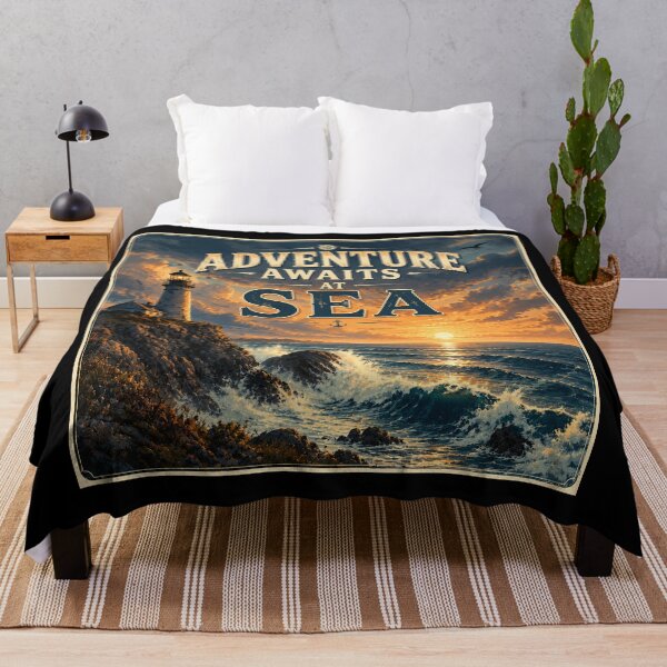 Item preview, Adventure Awaits at Sea | Lighthouse Ocean Waves Sunset Wall Art | Dramatic Coastal Storm Vintage Nautical Poster designed and sold by FestivityFinds.