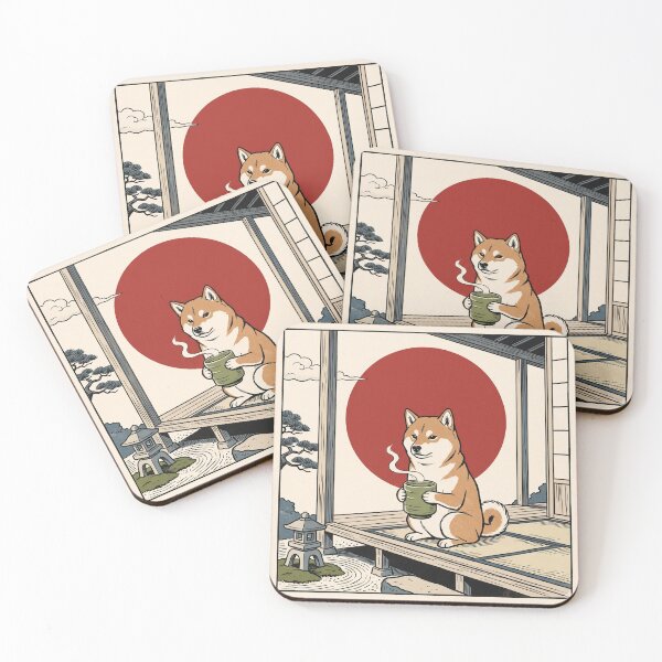 Item preview, Shiba Inu Morning Tea Ukiyo-e Poster - Cute Japanese Dog Vintage Woodblock Print Wall Art designed and sold by Yugen Veilshadow.