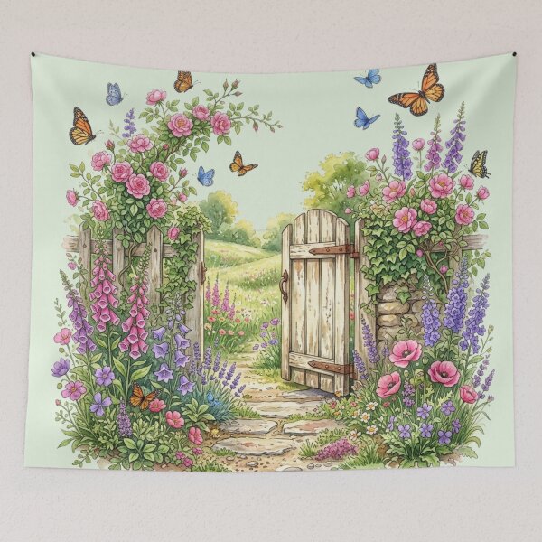 Item preview, Summer Garden Gate Watercolor Cottagecore Art designed and sold by CalmCapy Co.