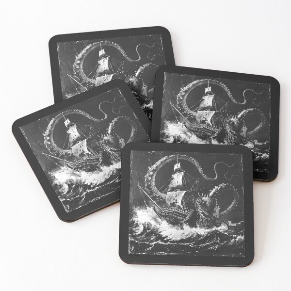 Item preview, Kraken Attacking a Pirate Ship in Stormy Seas designed and sold by inkoutninja.