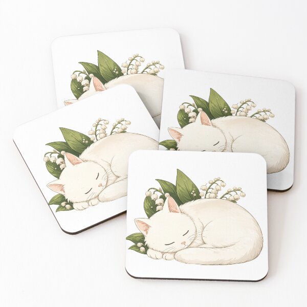 Item preview, Sleeping White Cat with Lily of the Valley | Cozy Cottagecore Animal Illustration designed and sold by BlackShopps.