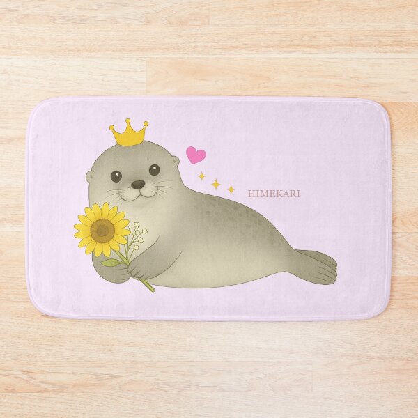 Item preview, Fluffy Gray Seal with Sunflowers - Solid Pink designed and sold by HIMEKARI.
