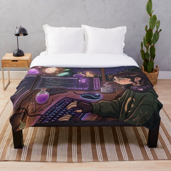 Aperçu de l'œuvre Tapisserie Sorcière Nuit Étoilée | Décoration de bureau Lofi Anime | Cadeau pour programmeurs noctambules créée et vendue par YNAMREG.