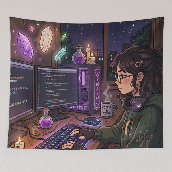 Item preview, Starry Night Witch Tapestry | Lofi Anime Desk Art | Gift for Night Owl Programmers designed and sold by YNAMREG.