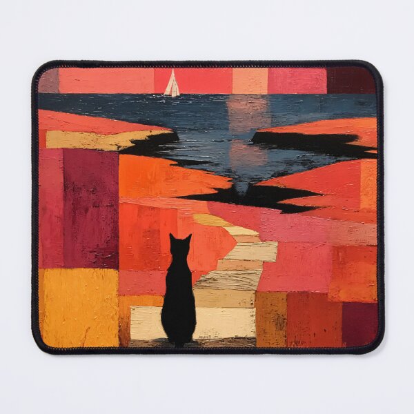 Item preview, Black Cat Coastal Sunset Art Print | Cubist Cat and Sailboat Painting | Pink and Orange Geometric Wall Art designed and sold by ThingsCatsDo.