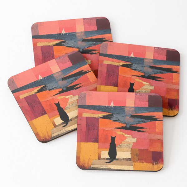 Item preview, Black Cat Coastal Sunset Art Print | Cubist Cat and Sailboat Painting | Pink and Orange Geometric Wall Art designed and sold by ThingsCatsDo.