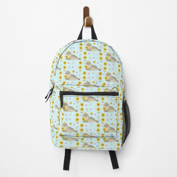 Item preview, Fluffy Gray Seal with Sunflowers – Blue designed and sold by HIMEKARI.