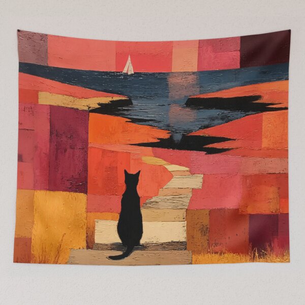 Item preview, Black Cat Coastal Sunset Art Print | Cubist Cat and Sailboat Painting | Pink and Orange Geometric Wall Art designed and sold by ThingsCatsDo.