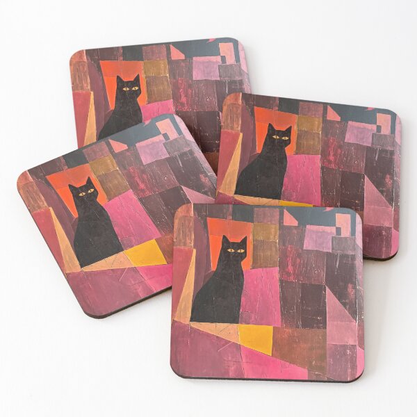 Item preview, Black Cat Magenta Cubist Art Print | Geometric Cat and Bird Painting | Pink and Mauve Wall Art designed and sold by ThingsCatsDo.