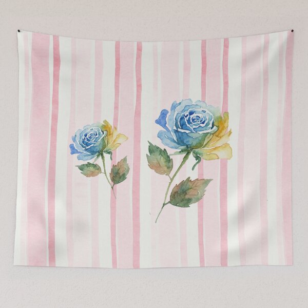 Item preview, Serene Blue Watercolor Roses on Pink Stripes designed and sold by wissal.studio.