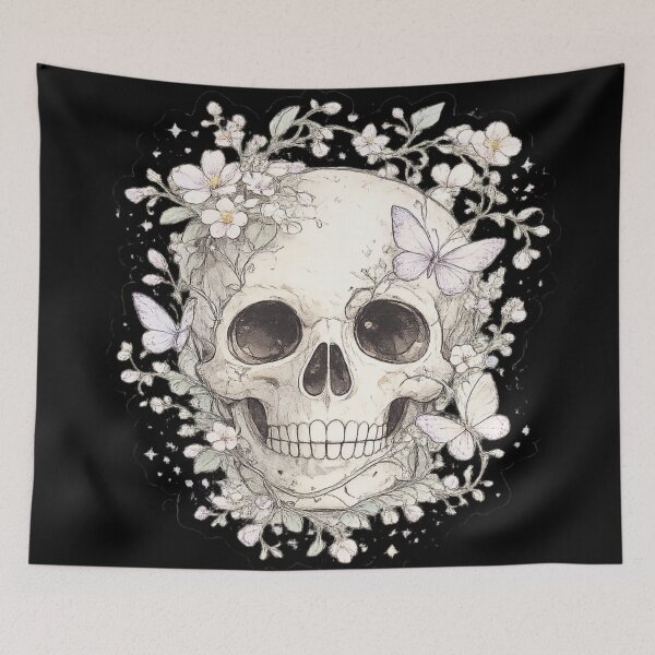 Item preview, Skull Wildflower Wreath Sketch Style Gothic Botanical Art Design designed and sold by irfanshikh.