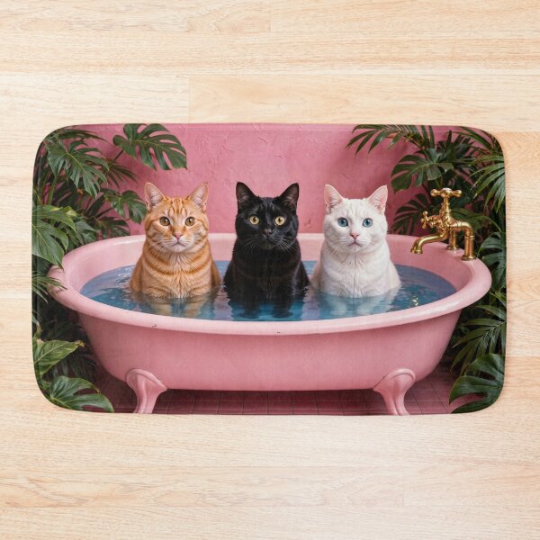 Item preview, Ginger Black and White Cats Taking a Bath in Pink Vintage Bathtub designed and sold by Mike Kiev art.