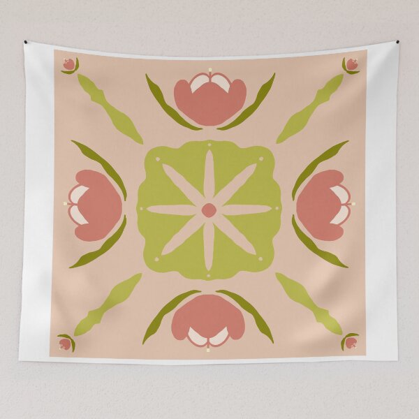 Item preview, Folk Floral Tile Pink Green — Blue Lemon Studio Original Illustration designed and sold by BluelemonStudio.