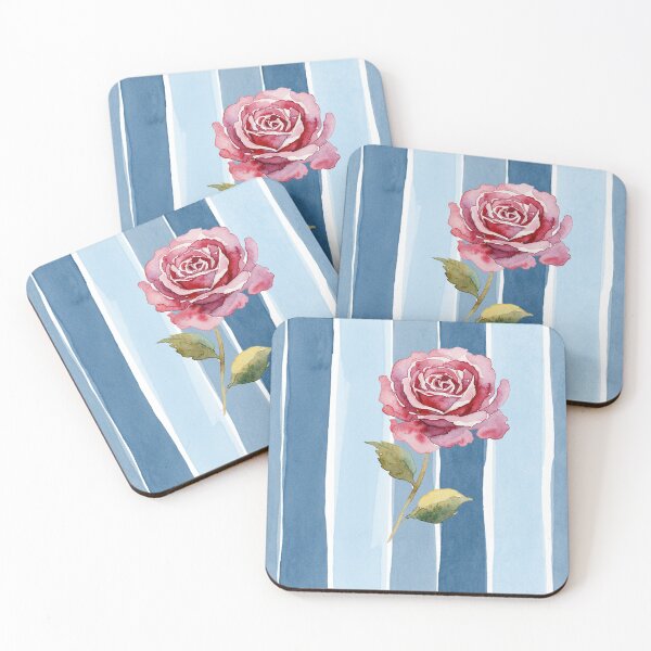 Item preview, Bold Crimson Rose on Blue Watercolor Stripes designed and sold by wissal.studio.