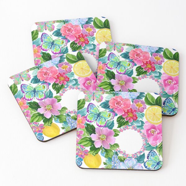 Item preview, Preppy flowers, lemons and butterflies watercolor painting designed and sold by SophieClimaArt.