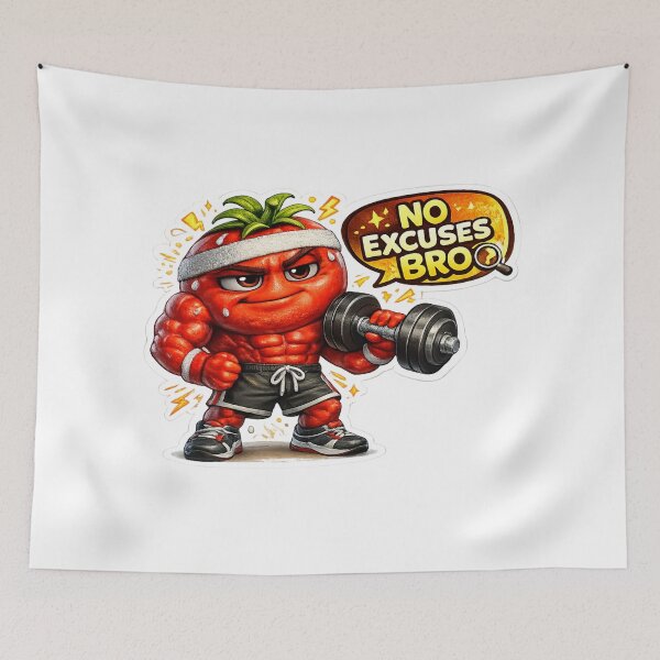 Item preview, No Excuses Bro Gym Tomato Bodybuilder Fitness Mascot designed and sold by Bhinfy.