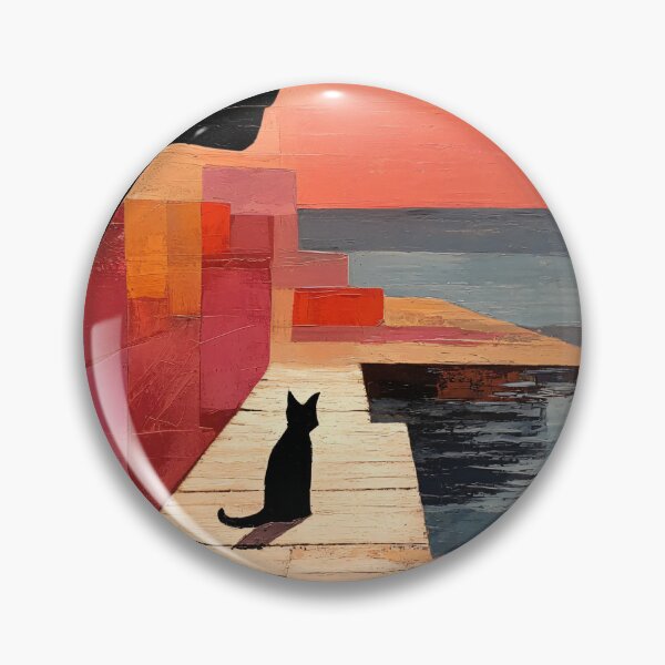 Item preview, Black Cat Surreal Dock Art Print | Silhouette Face Cubist Painting | Coral and Navy Geometric Wall Art designed and sold by ThingsCatsDo.