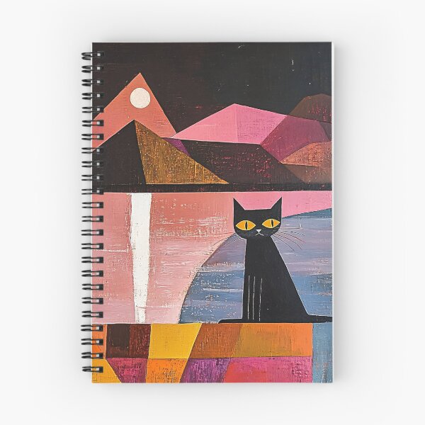 Item preview, Black Cat Mountain Moon Art Print | Geometric Sunset Painting | Pink and Blue Cubist Wall Art designed and sold by ThingsCatsDo.