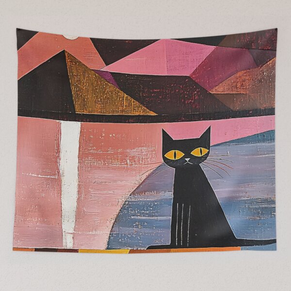 Item preview, Black Cat Mountain Moon Art Print | Geometric Sunset Painting | Pink and Blue Cubist Wall Art designed and sold by ThingsCatsDo.
