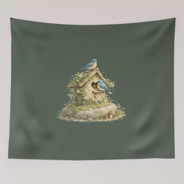 Item preview, Vine Covered Birdhouse Watercolor Bluebird Cottagecore Nature  designed and sold by MagicMakerPh⭐⭐⭐⭐⭐.